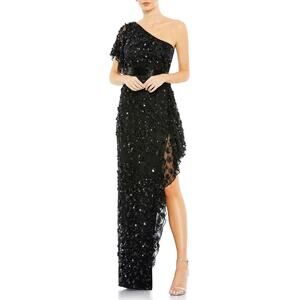 NEW Mac Duggal Sz 4 One Shoulder Flower Sequin Embellished Gown in Black